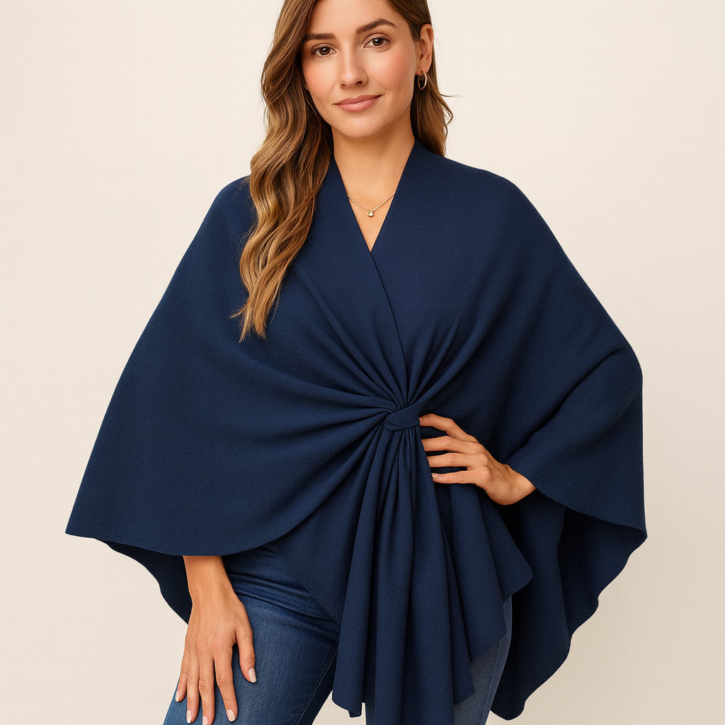 Elegant Ladies' Wool Wrap Poncho with Belt - OutfitLondon