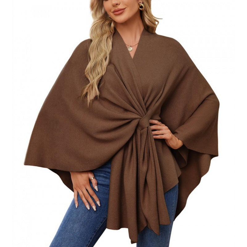 Elegant Ladies' Wool Wrap Poncho with Belt