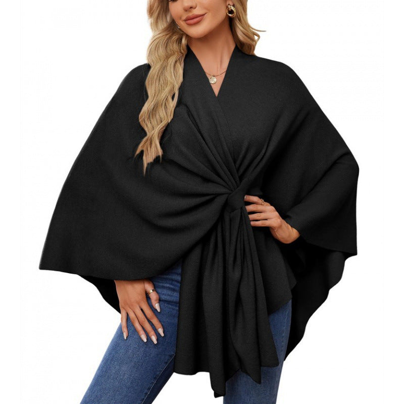 Elegant Ladies' Wool Wrap Poncho with Belt