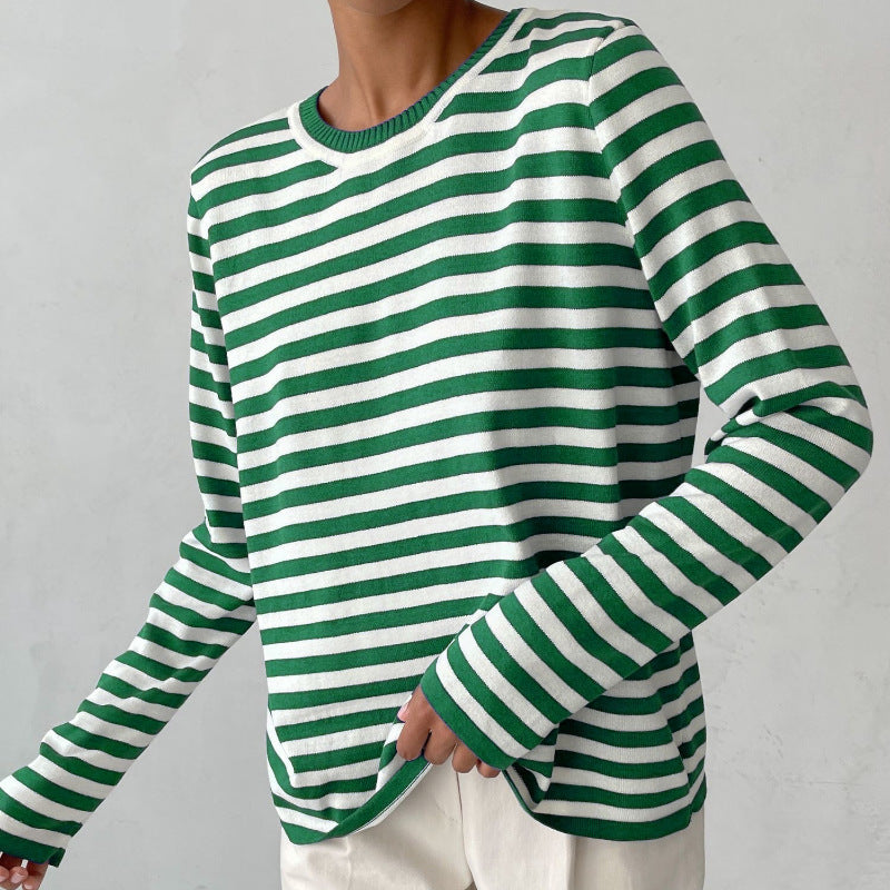 Casual Horizontal Stripe Crew Neck Sweater - OutfitLondon