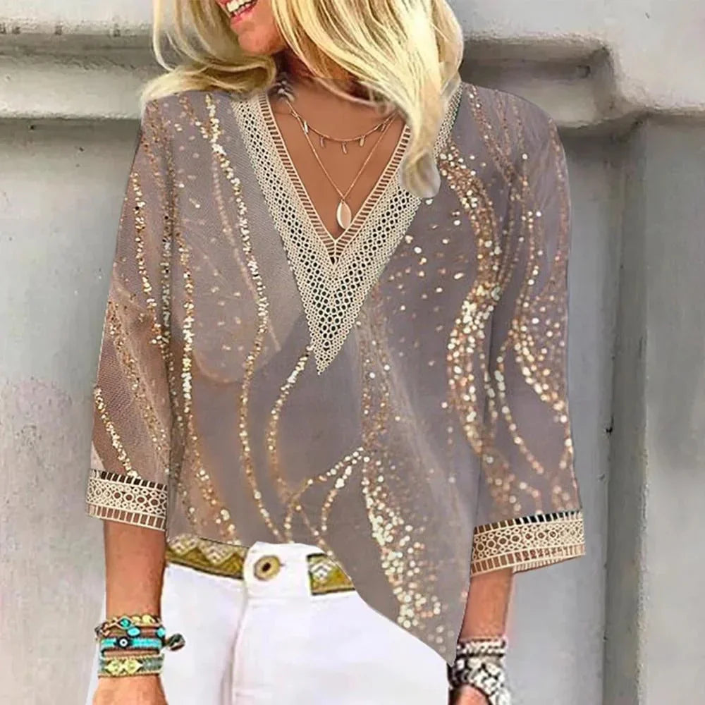 Chic V-Neck Lace Top Blouse - OutfitLondon