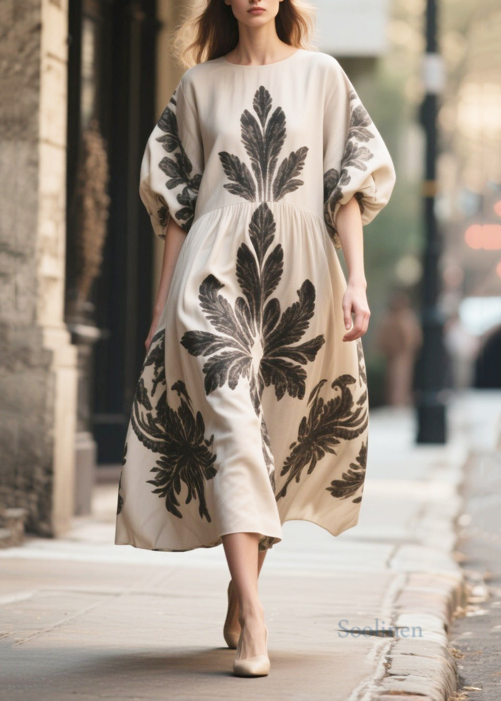 Women's Silk Chiffon Maxi Robe Puff Sleeves Apricot Print - OutfitLondon