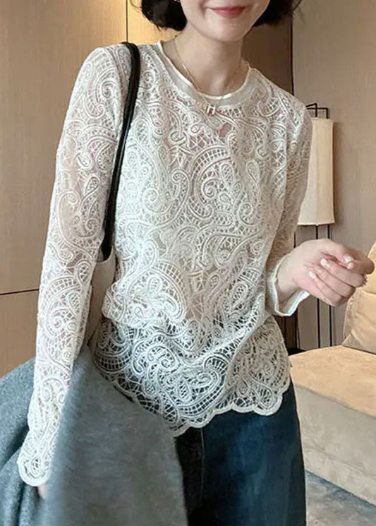 Women's Beige Lace Blouse Round Neck Lightweight - OutfitLondon