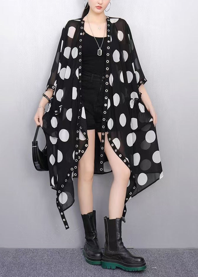 Women's Lightweight Silk Chiffon Cardigan Black Asymmetric Print - OutfitLondon