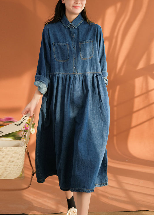 Women's Denim Shirt Dress Italian Blue Patchwork Claudine Collar - OutfitLondon