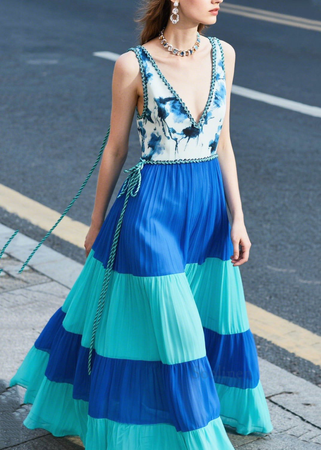 Women's Silk Chiffon Patchwork Dress Blue Italian Print - OutfitLondon