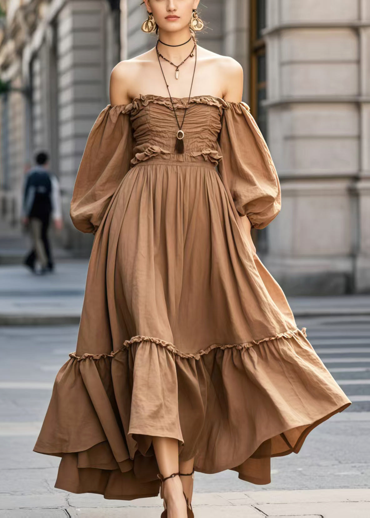 Women's Off Shoulder Cotton Maxi Dress Brown Lantern Sleeves - OutfitLondon