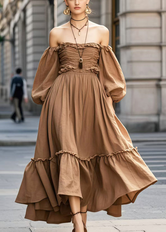 Women's Off Shoulder Cotton Maxi Dress Brown Lantern Sleeves - OutfitLondon