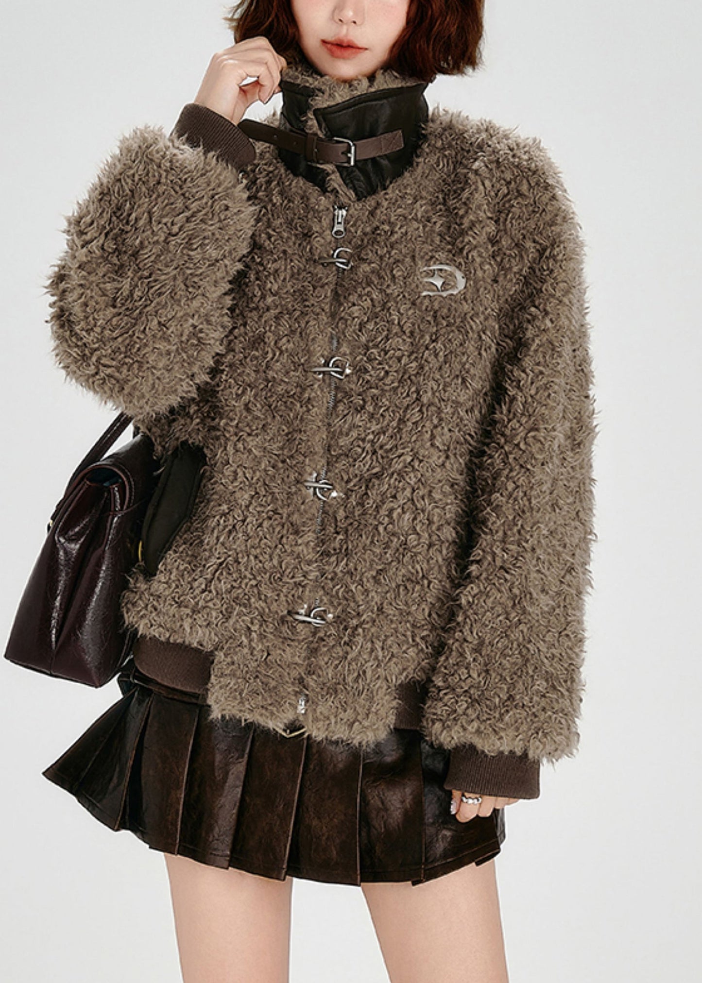 Women's Faux Leather Teddy Coat Brown Oversized - OutfitLondon