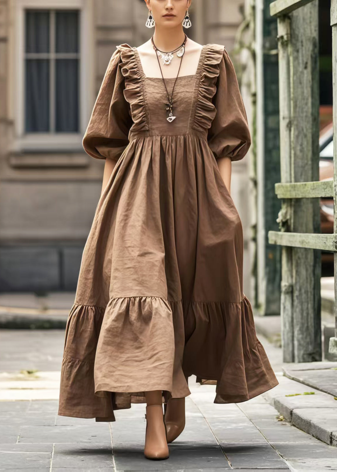 Women's Italian Vacation Dress Brown Ruffles Lantern Sleeves Extra - OutfitLondon