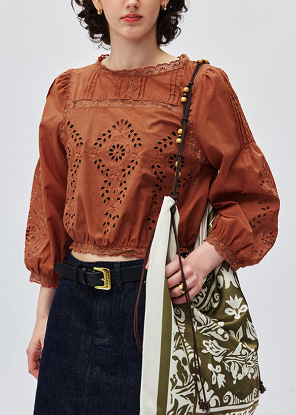 Women's Patchwork Blouse Cotton Embroidered Lace Caramel - OutfitLondon