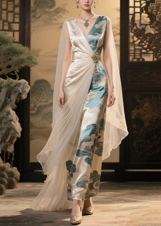 Women's Asymmetric Tulle Evening Dress Silk Blend Champagne Print - OutfitLondon