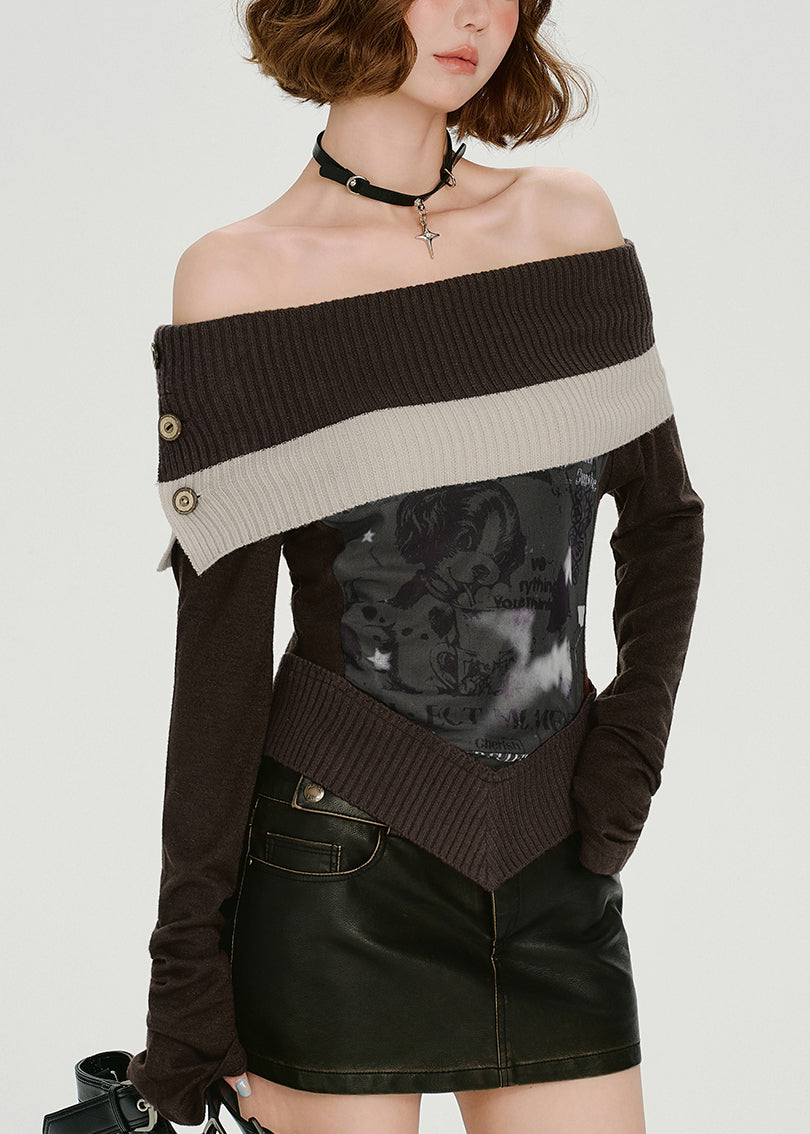 Women's Off Shoulder Knit Relaxed Fit Chocolate - OutfitLondon