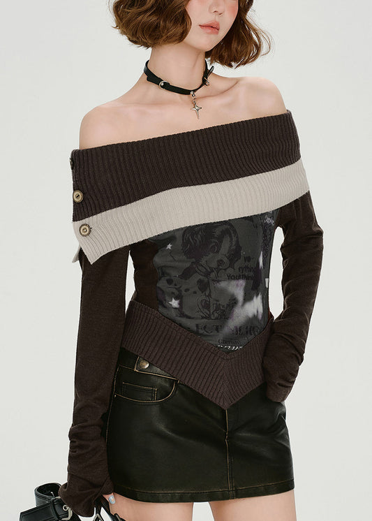 Women's Off Shoulder Knit Relaxed Fit Chocolate - OutfitLondon
