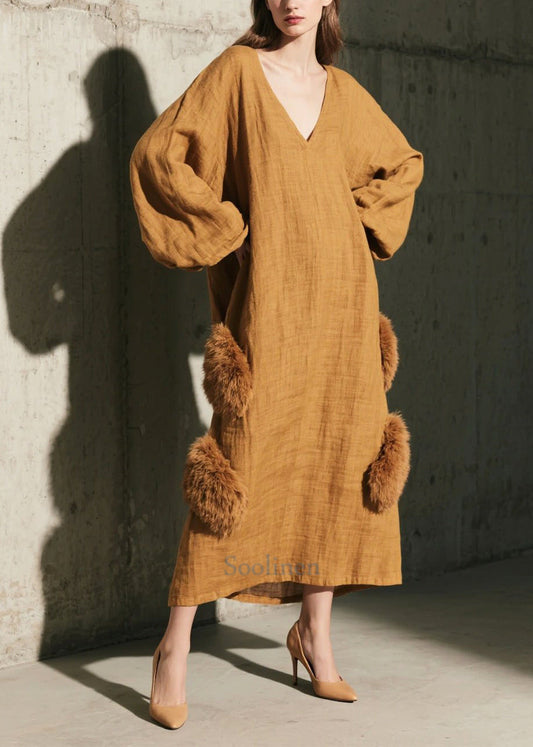 Women's Oversized Faux Fur Patchwork Dress Autumn Travel Cozy - OutfitLondon
