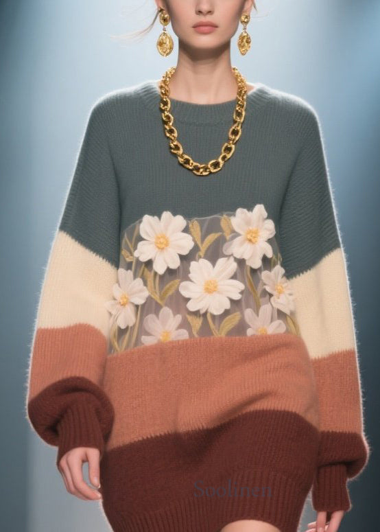 Women's Italian Floral Knit Dress Color Block Warm - OutfitLondon