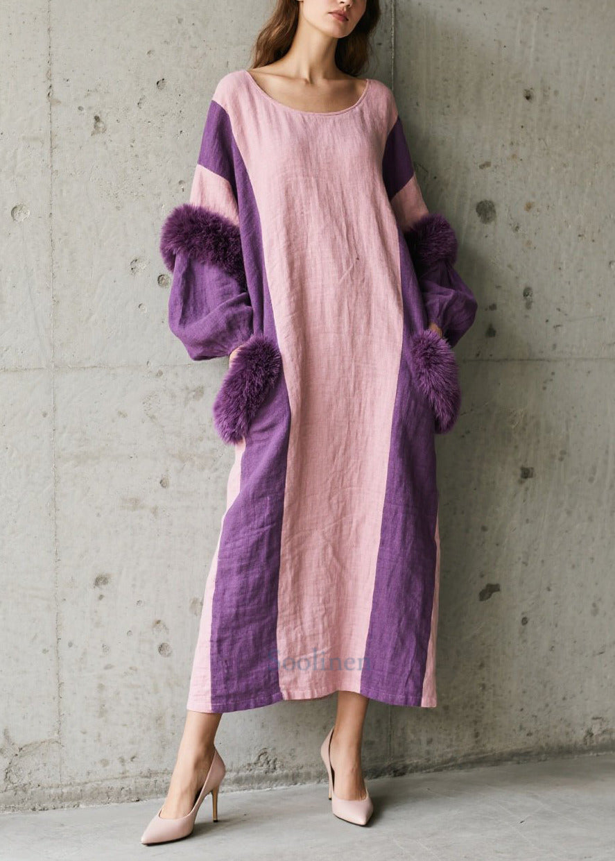 Women's Oversized Faux Fur Colorblock Dress Autumn - OutfitLondon