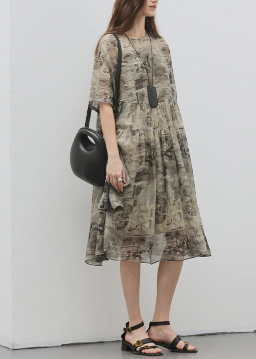 Women's Silk Patchwork Dress Lightweight Green Khaki Print - OutfitLondon