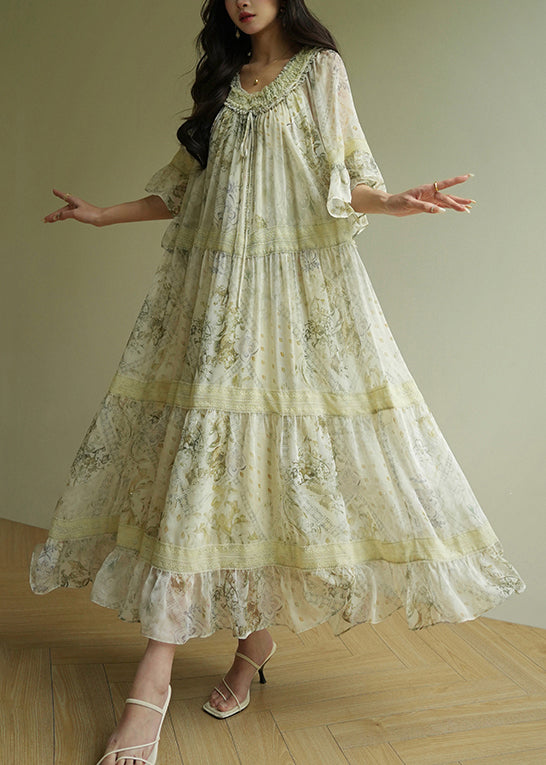 Women's Maxi Dress Silk Blend Green Ruffles Mid Sleeves - OutfitLondon