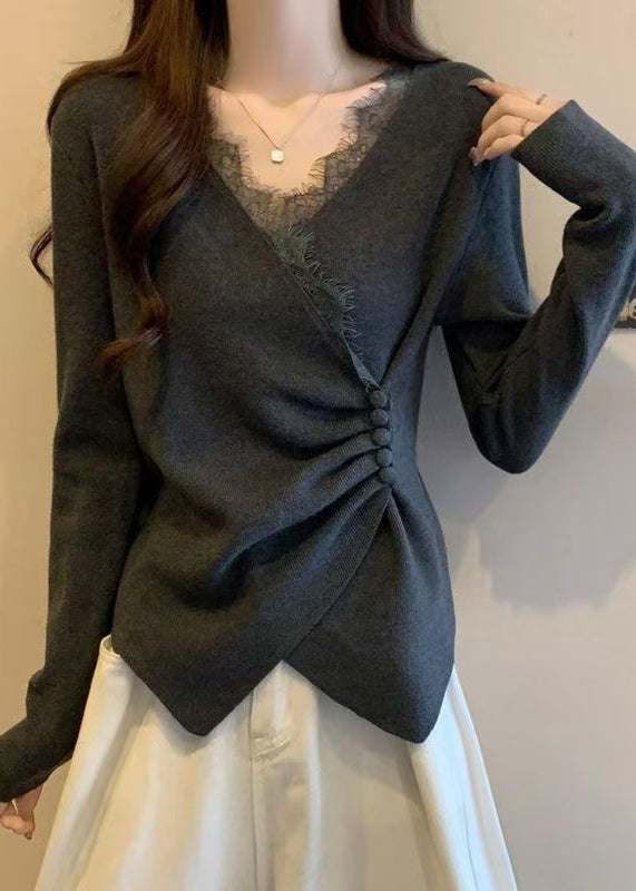 Women's Asymmetrical Knit Sweater Gray Lace - OutfitLondon