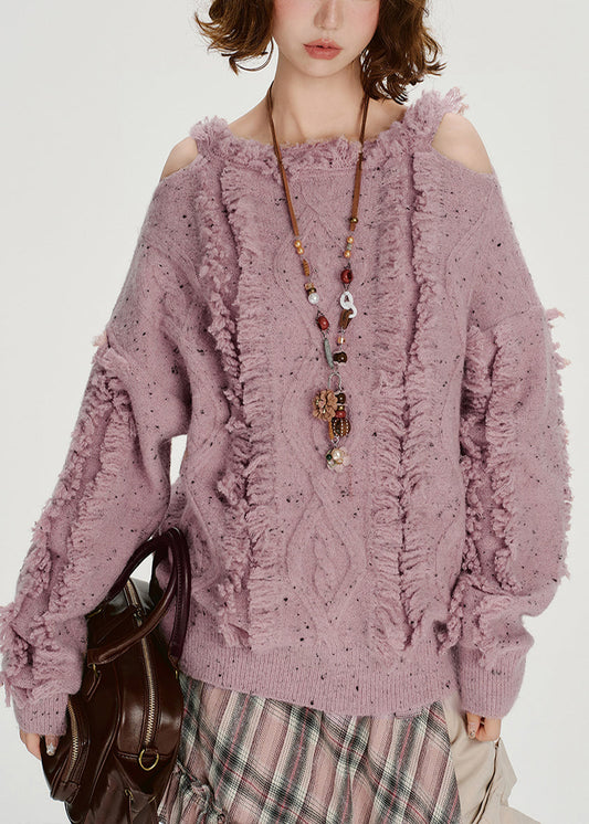 Women's Off Shoulder Sweater Soft Lilac Knit - OutfitLondon