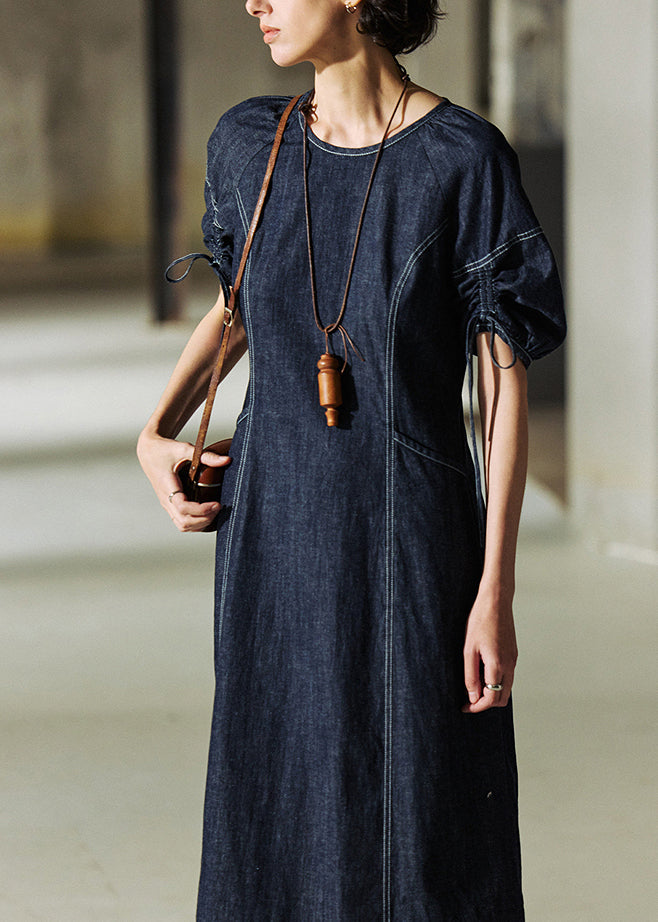 Women's Denim Dress Drawstring Waist Dark Blue - OutfitLondon