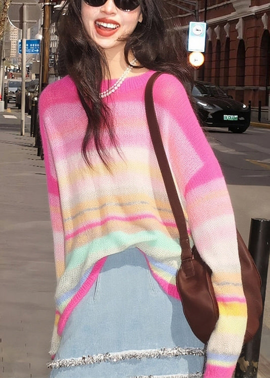 Women's Striped Knit Sweater Soft Round Neck Cozy - OutfitLondon