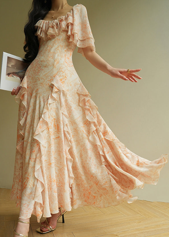 Women's Silk Chiffon Maxi Dress Orange Print Ruffles - OutfitLondon