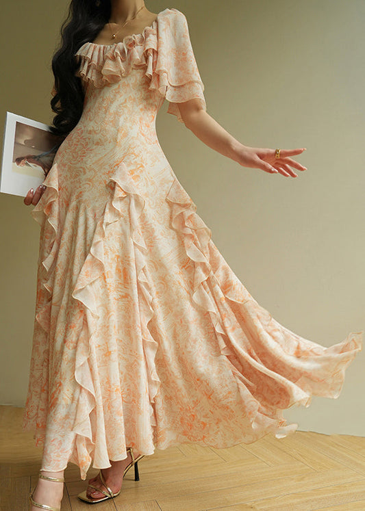 Women's Silk Chiffon Maxi Dress Orange Print Ruffles - OutfitLondon