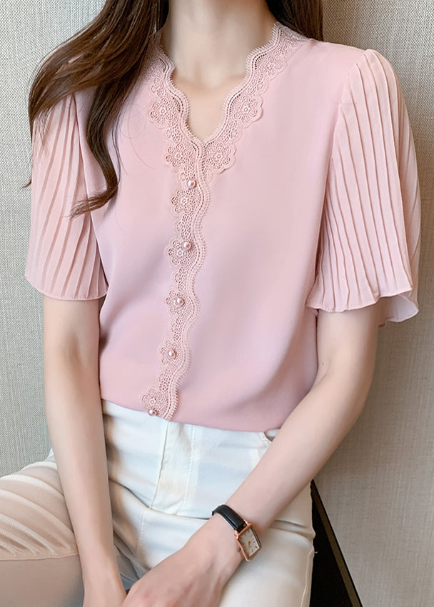Women's Silk Blouse Pink Lace Pearl Beads - OutfitLondon