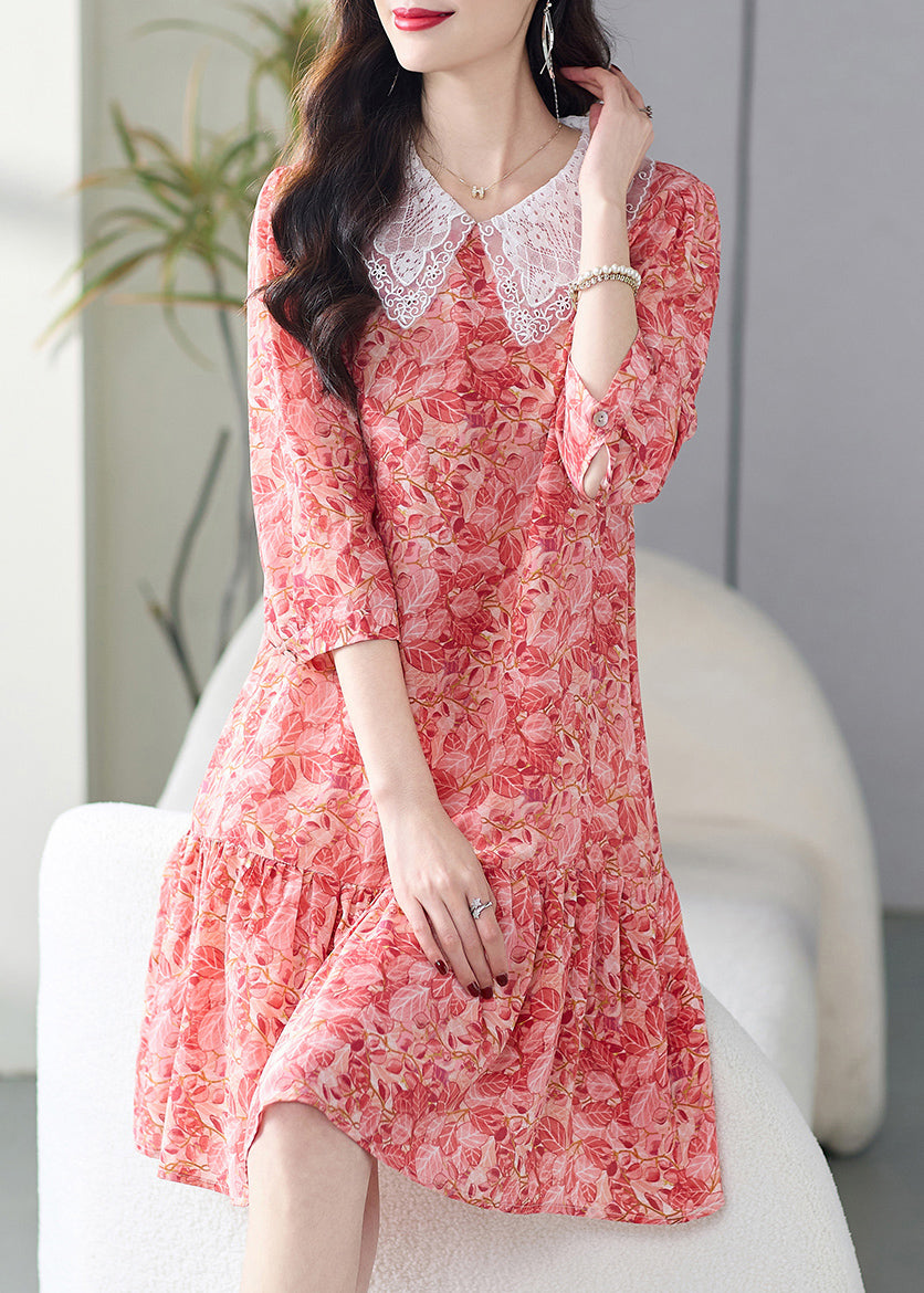 Women's Silk Summer Dress Italian Pink Floral Claudine Collar - OutfitLondon