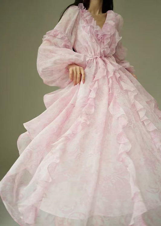 Women's Silk Maxi Dress Rose Pink Ruffles Lace Up - OutfitLondon