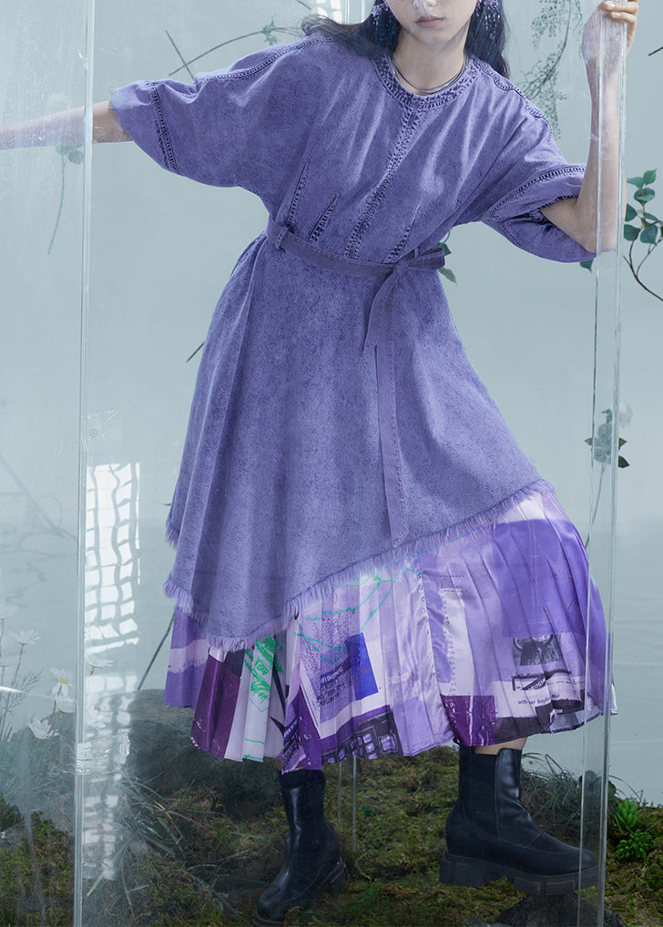Women's Patchwork Denim Dress Violet Lantern Sleeves - OutfitLondon