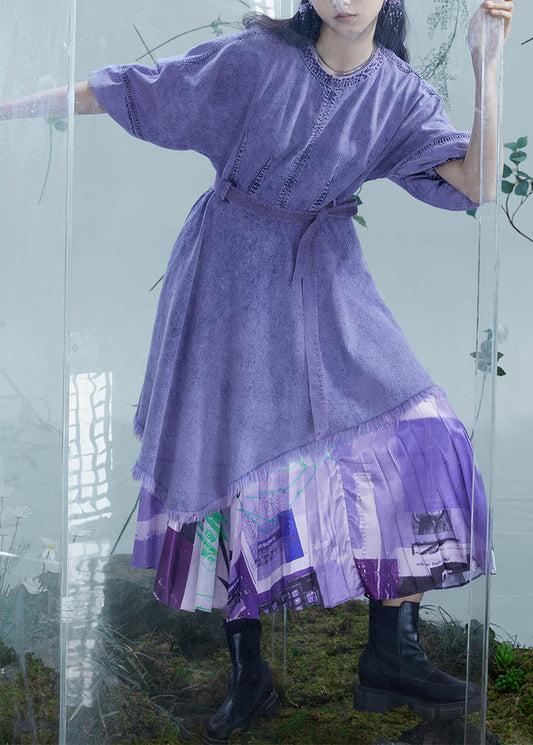 Women's Patchwork Denim Dress Violet Lantern Sleeves - OutfitLondon