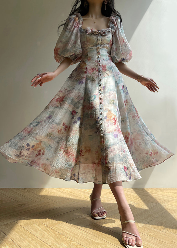 Women's Rainbow Silk Maxi Dress Lace Up Puff Sleeves - OutfitLondon