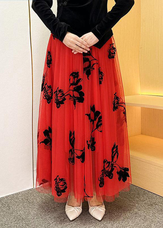 Women's Embroidered Tulle Maxi Skirt Elastic Waist Red - OutfitLondon