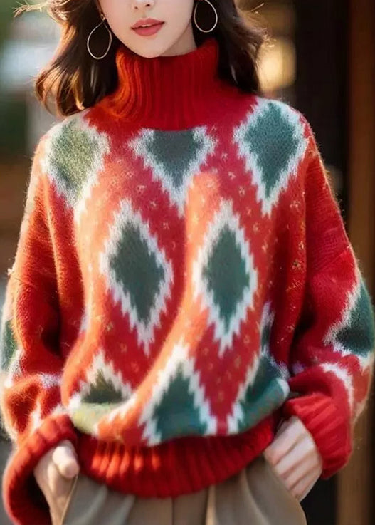 Women's Cropped Wool Sweater Geometric Print High Collar - OutfitLondon