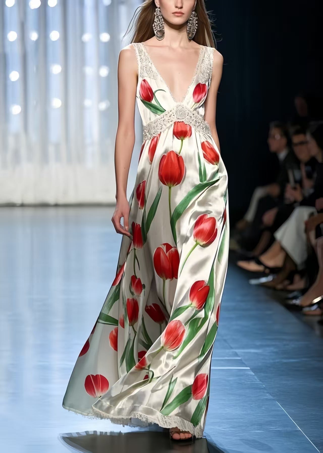 Women's Silk Maxi Dress Italian Floral Print White - OutfitLondon