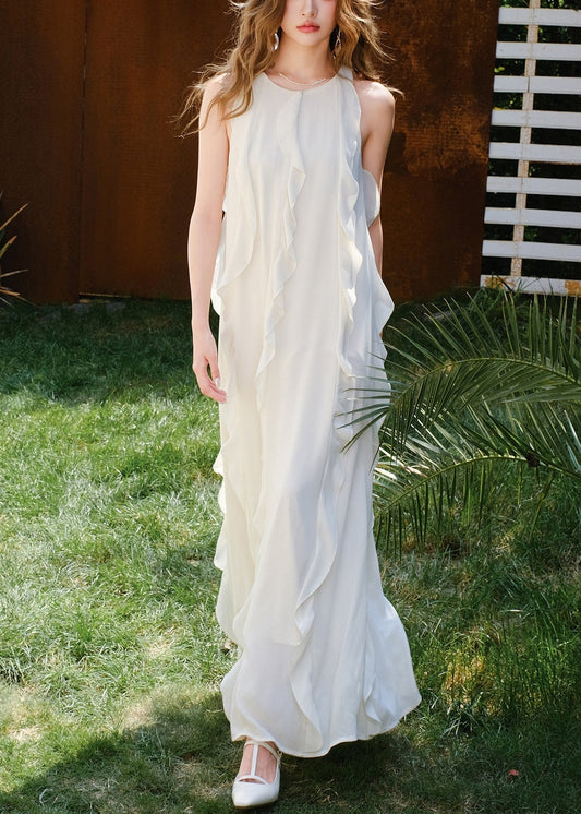Women's White Cotton Sleeveless Maxi Dress Ruffle Hem - OutfitLondon