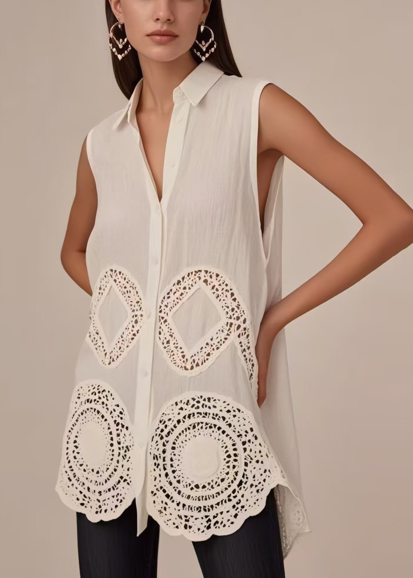 Women's Cotton Eyelet Blouse Sleeveless White - OutfitLondon