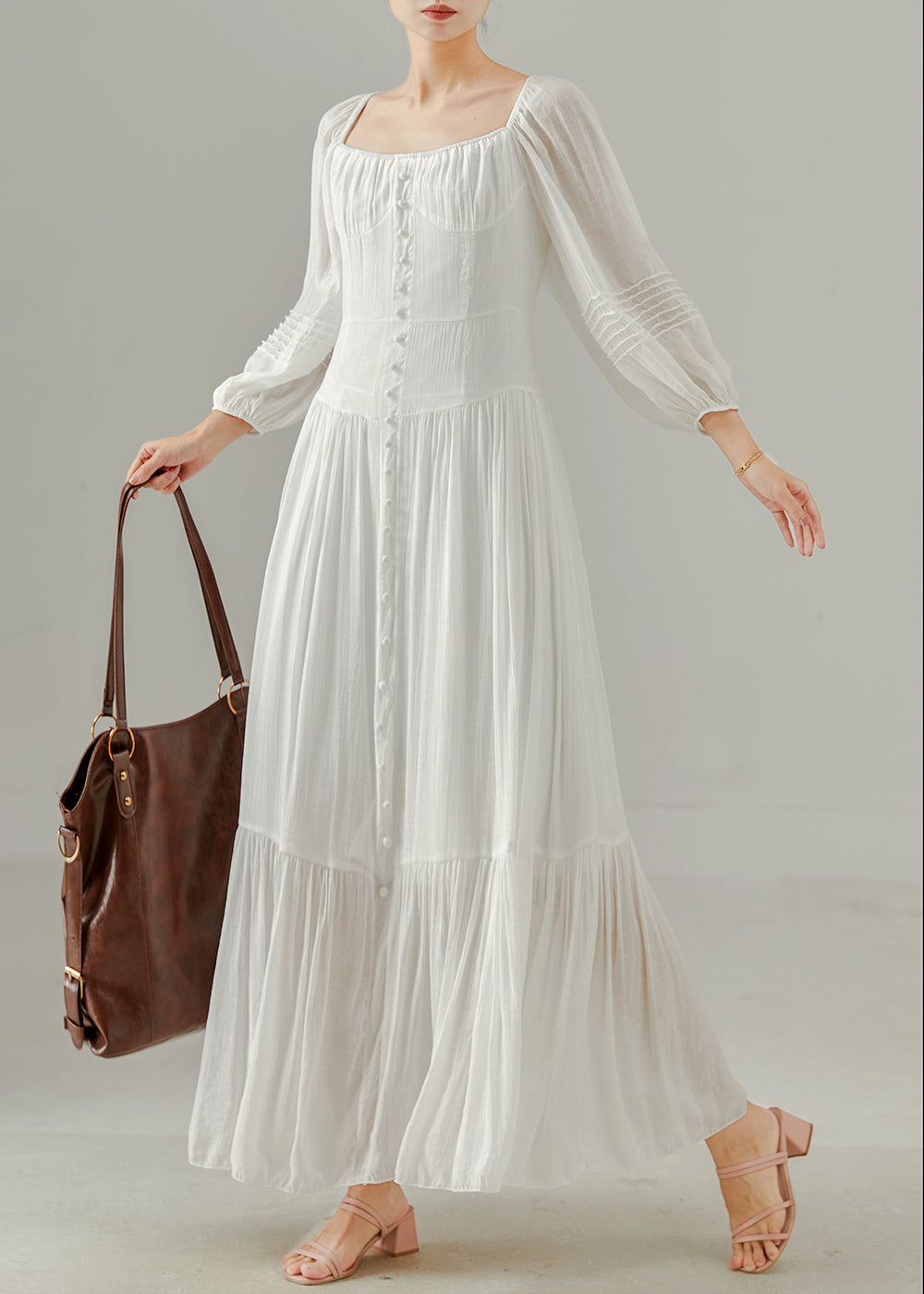 Women's Cotton Vacation Dress Square Neck White Lightweight - OutfitLondon