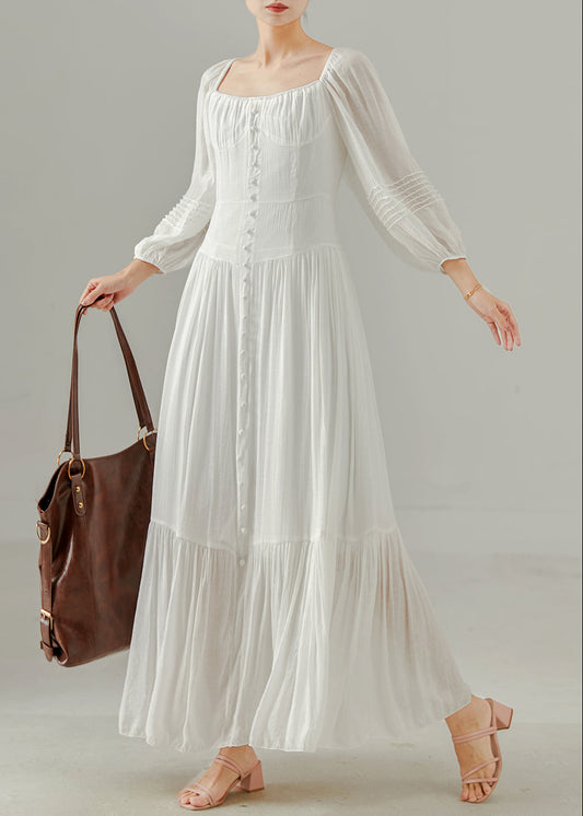 Women's Cotton Vacation Dress Square Neck White Lightweight - OutfitLondon