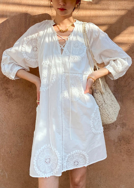 Women's White Cotton Midi Dress Breathable Eyelet Embroidery V Neck - OutfitLondon