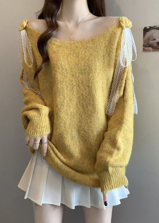 Women's Yellow Knit Sweater Openwork Lace Relaxed Fit - OutfitLondon