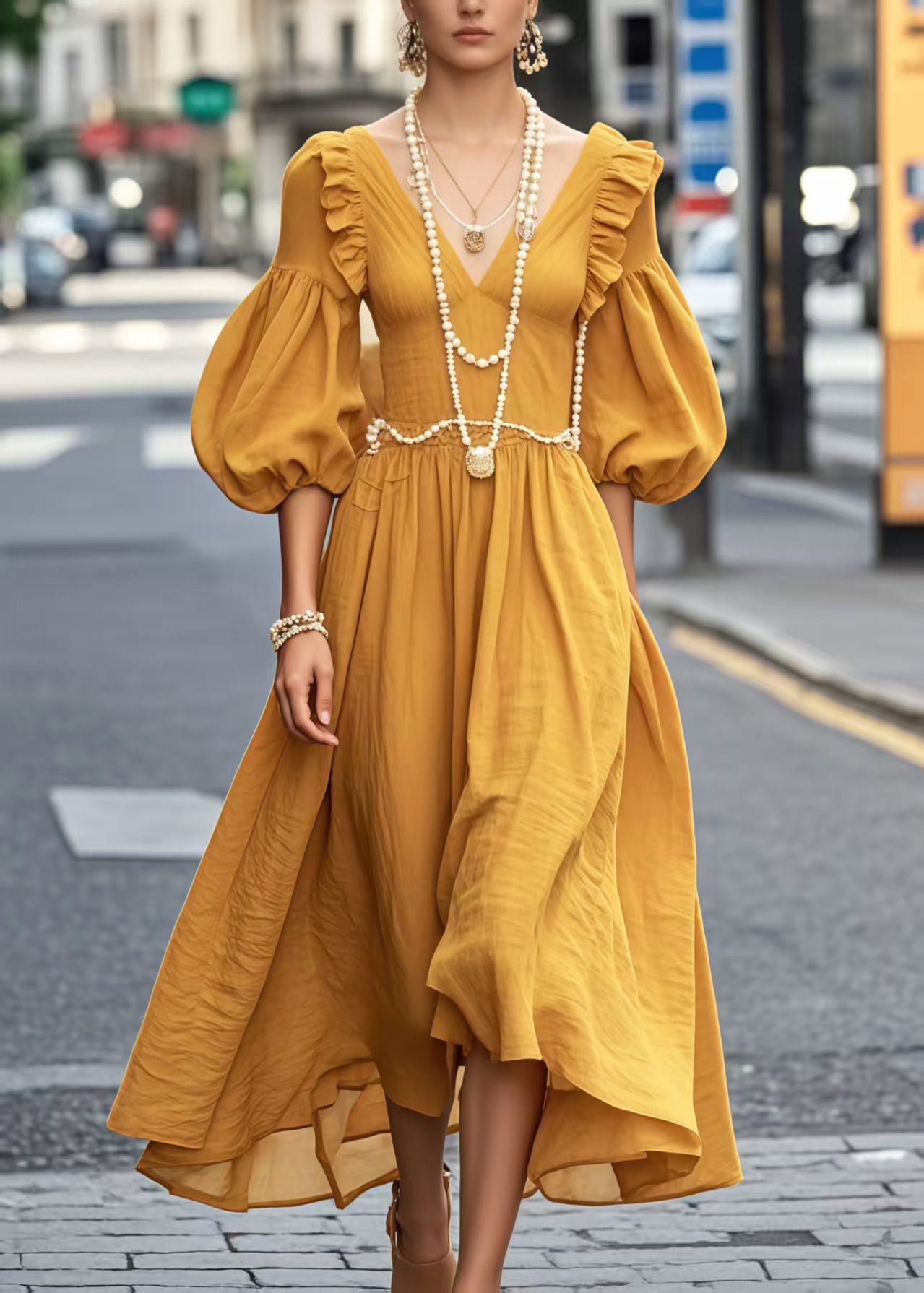 Women's Cotton Ruffle Evening Dress Lantern Sleeves Yellow - OutfitLondon