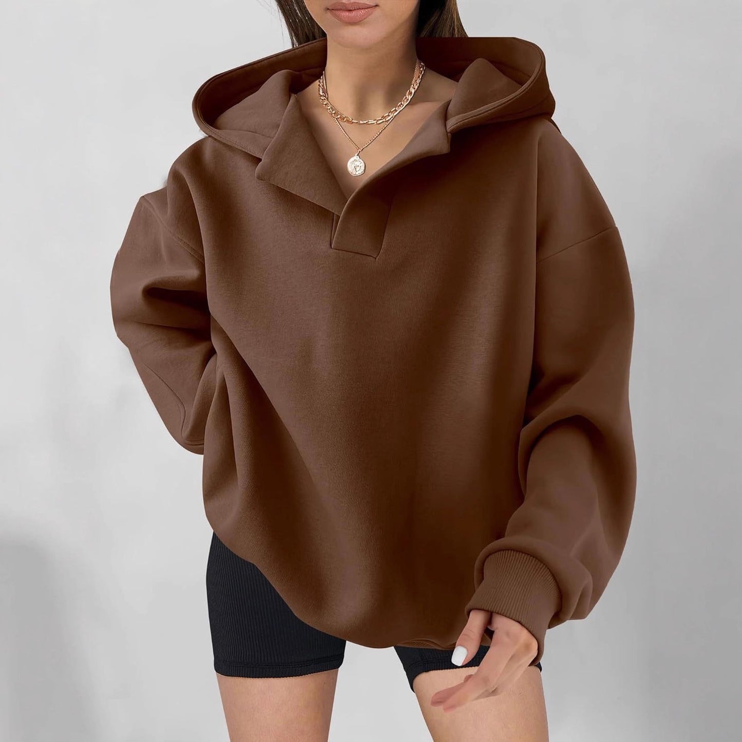 Relaxed Fit Women's V-neck Hooded Sweatshirt - OutfitLondon