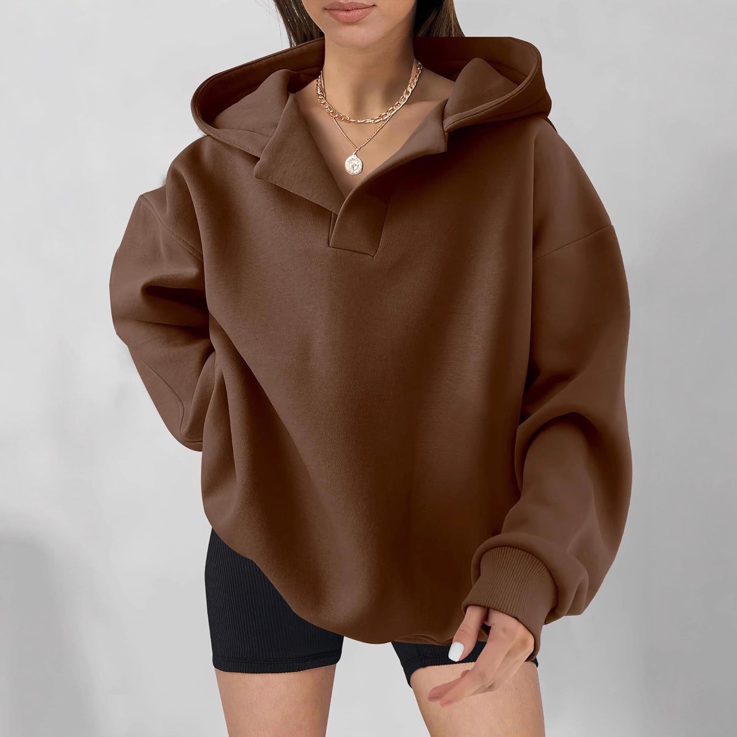 Relaxed Fit Women's V-neck Hooded Sweatshirt - OutfitLondon