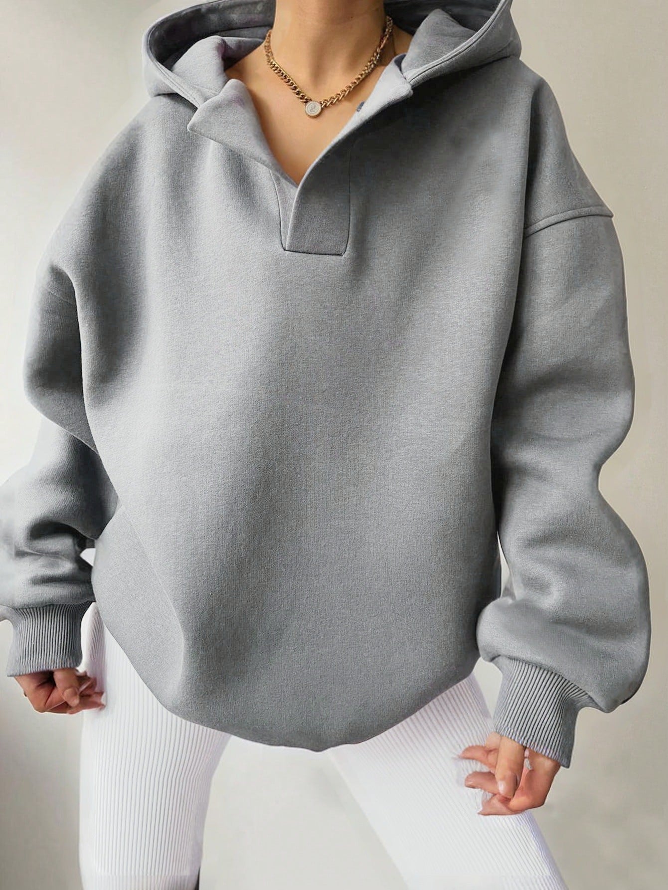 Relaxed Fit Women's V-neck Hooded Sweatshirt