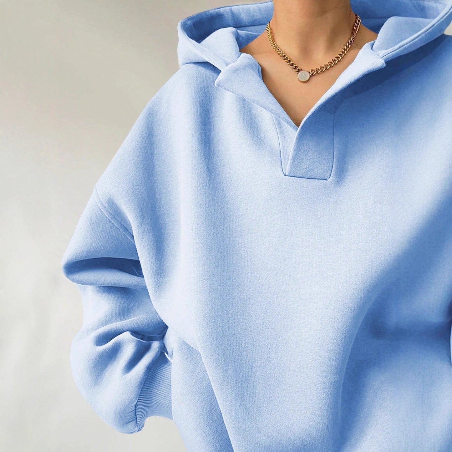 Relaxed Fit Women's V-neck Hooded Sweatshirt