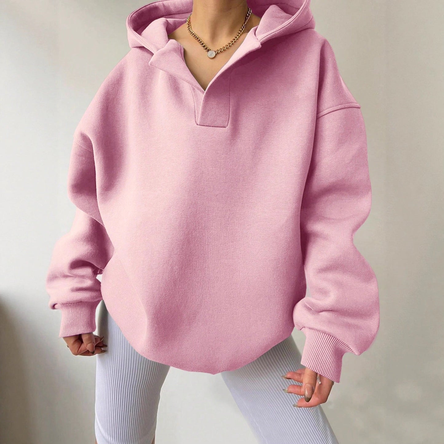 Relaxed Fit Women's V-neck Hooded Sweatshirt